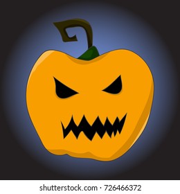 image of an orange pumpkin with a terrible mug in a cartoon style. illustration on a theme of halloween. vector illustration. hand drawing