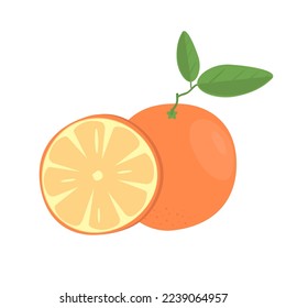 Image of an orange slice and a whole fruit with leaves on a white background