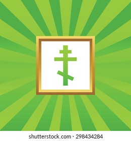 Image of orthodox cross in golden frame, on green abstract background