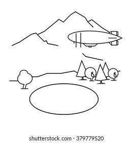 Image of outline aerostat, trees, mountain . Air balloon, wood design with illustration. Icon website. Decoration airship. Adventure outdoor design collection. Isolated tree and mountain
