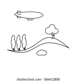 Image of outline aerostat, trees, mountain . Air balloon, wood design with illustration. Icon website. Decoration airship. Adventure outdoor design collection. Isolated tree and mountain