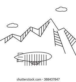 Image of outline aerostat, trees, mountain . Air balloon, wood design with illustration. Icon website. Decoration airship. Adventure outdoor design collection. Isolated tree and mountain