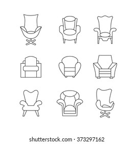 Image of outline armchair, sofa Set. Living room interior design with furniture set illustration. Icon website. Decoration chair. Interior background with furniture in retro style.