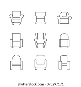 Image of outline armchair, sofa Set. Living room interior design with furniture set illustration. Icon website. Decoration chair. Interior background with furniture in retro style.