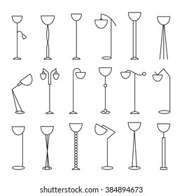 Image of outline floor lamp, torchere Set. Living room interior design with furniture set illustration. Icon website. Decoration chair. Interior background with furniture in retro style. 