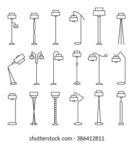 Image of outline floor lamp, torchere Set. Living room interior design with furniture set illustration. Icon website. Decoration chair. Interior background with furniture in retro style. 