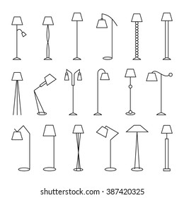 Image of outline floor lamp, torchere Set. Living room interior design with furniture set illustration. Icon website. Decoration chair. Interior background with furniture in retro style. 