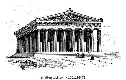 An image outside Parthenon, vintage line drawing or engraving illustration.