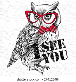 The image of an owl with bow and glasses. Vector illustration.