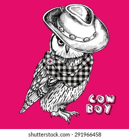 The image of an owl in a cowboy hat and checkered cravat on pink background. Vector illustration.