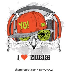 The image of the owl in the glasses, headphones and in hip-hop hat. Vector illustration.