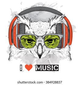 The image of the owl in the glasses and headphones. Vector illustration. 