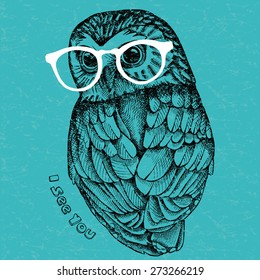 Image owl with glasses on a blue-green background. Vector illustration.