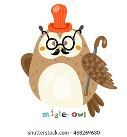 The image of an owl with had and glasses. Vector illustration.