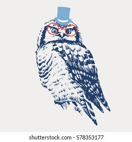 The image of an owl with hat and glasses. Vector illustration.