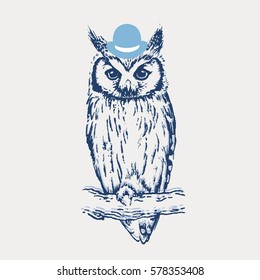 The image of an owl with hat. Vector illustration.