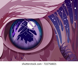 The image of an owl in the night forest. 