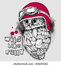 Image of an owl in a retro motorcyclist helmet. Vector illustration. 