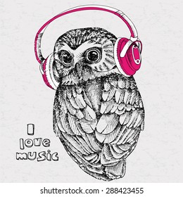 The image of an owl wearing headphones. Vector illustration.