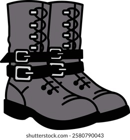 The image is of a pair of boots with metal straps and buckles. The boots are black and gray, and they appear to be worn by a person. The boots have a military or combat style