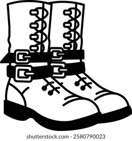 The image is of a pair of boots with straps and buckles. The boots are black and white, and they appear to be military boots. The boots are chained together