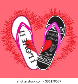 the image of a pair of flip flops with a picture (a heart) and inscription on the insole (I love it - summer, relax, fashion, sea, music)