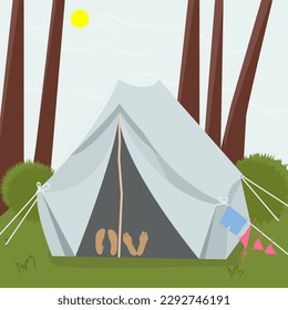 Image of a pair of legs in a tent resting in nature. Web banner on the theme of trekking, hiking, walking. Sports, Camping, outdoor recreation, outdoor adventure, vacation. Modern flat design. Evening
