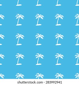 Image of palm on beach, repeated in straight lines on blue background