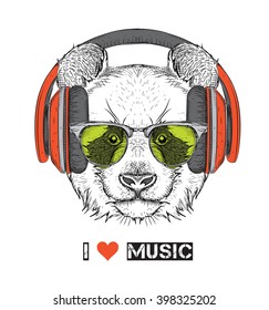 The image of the panda in the glasses, headphones and in hip-hop hat. Vector illustration.