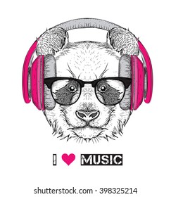 The image of the panda in the glasses, headphones and in hip-hop hat. Vector illustration.