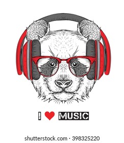 The image of the panda in the glasses, headphones and in hip-hop hat. Vector illustration.