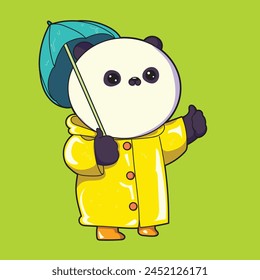 Image of panda wearing a yellow raincoat, holding an umbrella and boots.