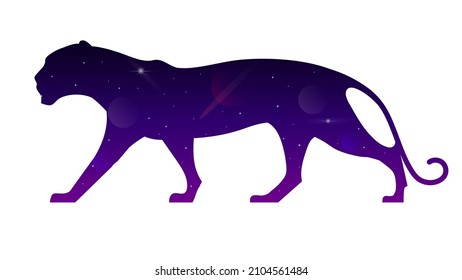 The image of a panther, leopard, tiger against the background of the stars. Multiple exposure