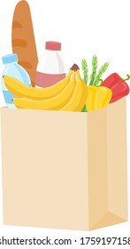 
imagen de una bolsa de papel con verduras y frutas frescas, pan y leche compradas en un supermercado