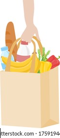 image of a paper bag with handles in the hands of a person holding food bought in a supermarket.stock isolated illustration on white background for printing on postcards, websites, shop advertising