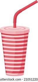 An image of a paper cup with a straw. A plastic cup for fast food. A red-striped beverage cup with a straw. Vector illustration isolated on a white background