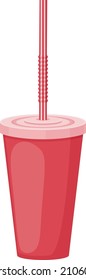 An image of a paper cup with a straw. A plastic cup for fast food. A cup for drinks in red with a straw. Vector illustration isolated on a white background