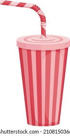 An image of a paper cup with a straw. A plastic cup for fast food. A red-striped beverage cup with a straw. Vector illustration isolated on a white background