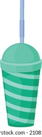 Imagen de una taza de papel con paja. Una taza de plástico para comida rápida. Una taza de bebida verde con paja. Ilustración del vector aislada en un fondo blanco
