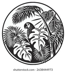 an image of a parrot hiding behind bushes and leaves