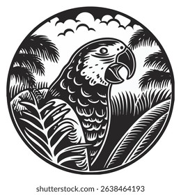 image of a parrot on the ground between large leaves