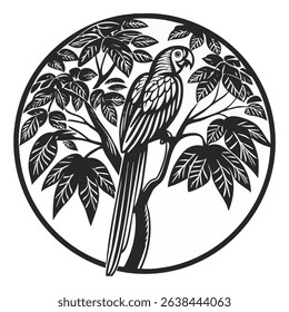 an image of a parrot on a thin branch of a tree with many leaves