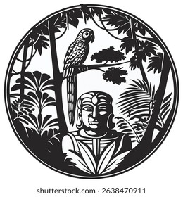 an image of a parrot on a tree branch in the forest and an ancient monument below