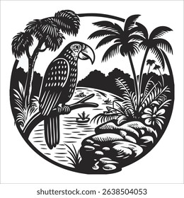 an image of a parrot on a tree branch in a river flowing in a forest