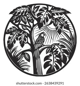 an image of a parrot on a tree with large leaves