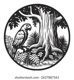 an image of a parrot sitting next to a large tree stump
