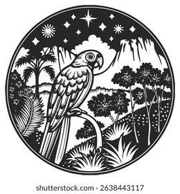 an image of a parrot standing on a branch in a dark jungle with twinkling stars in the sky