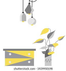 The image of the part of the interior includes a vase with a plant, a chandelier with plafonds, a kamod or a closet. The vector image in yellow and gray is isolated on a white background.