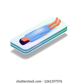 Image Patient Girl Lies on Medical Flying Platform. Vector Isometric Illustration Medical Equipment Future Transportation Patients. Platform Floating Abovesurface. Girl in Medical Gown Before Surgery