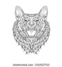 Image of patterned dog barking. Ram Sheep. Tattoo designs. Can be used to design t-shirts, bags, postcards, posters and so on.